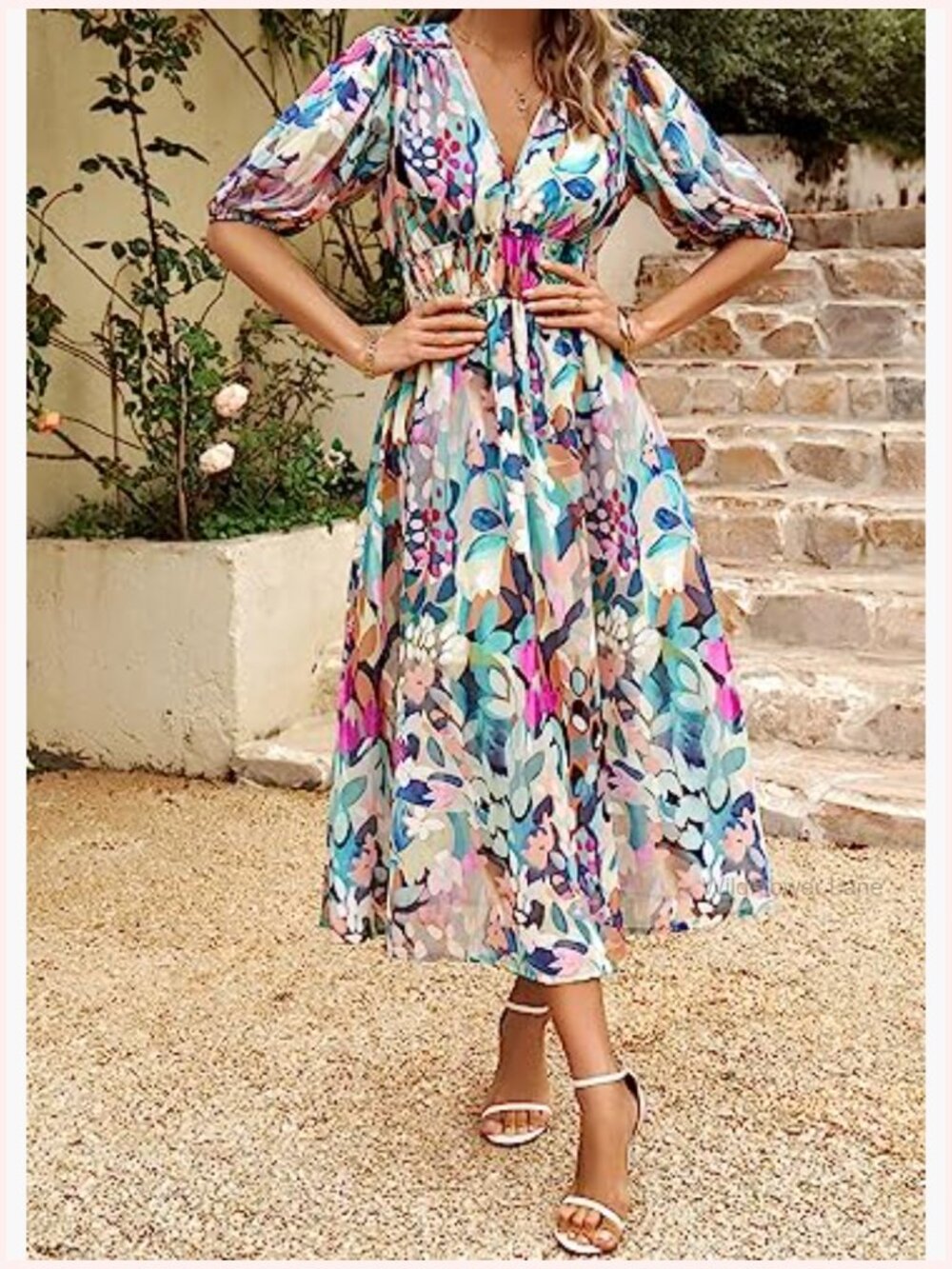 Boho Midi Dress V-Neck Puff Sleeve Flowy Beach Party Tropical Vacation - Picture 2 of 6